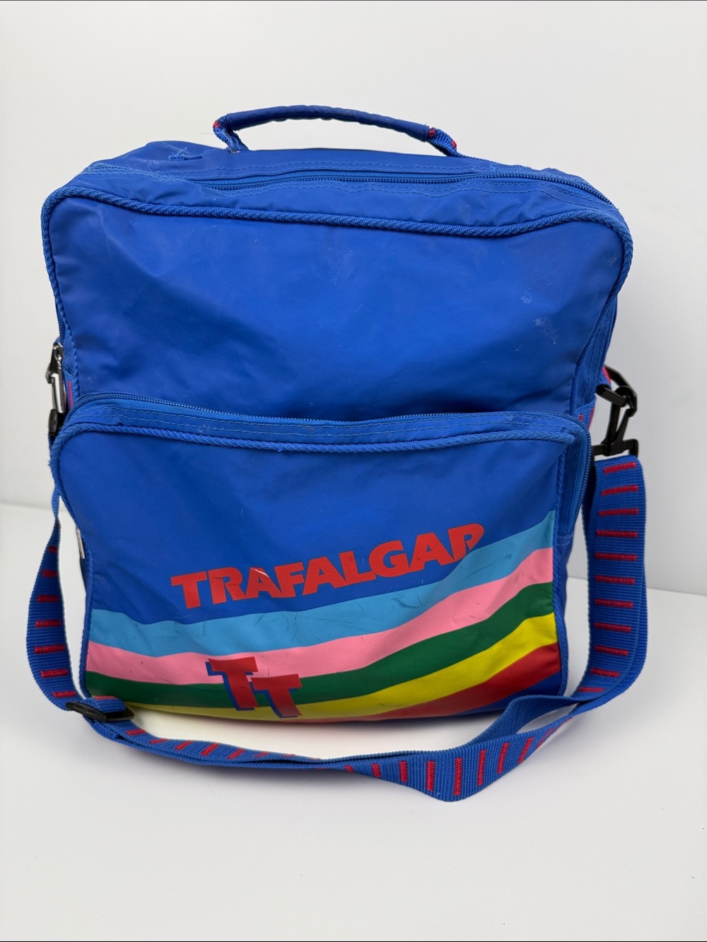 Vintage Trafalgar Bright Blue Messenger Bag with Multicolor Stripes